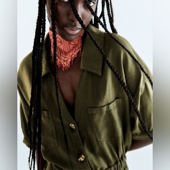 Zara Linen Blend Khaki Jumpsuit New - Picture 8 of 10